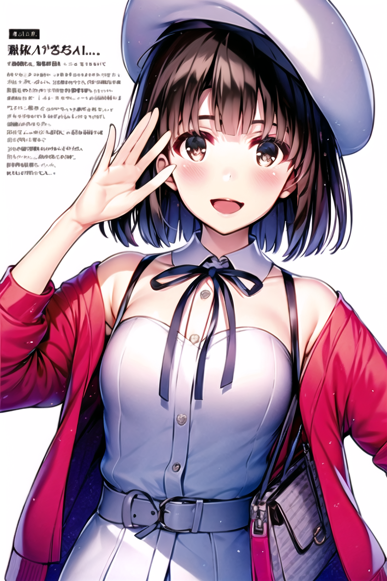 03451-3467198925-MisakiKurehito,katou megumi, 1girl, solo, bangs, brown hair, hat, bag, white headwear, dress, white background, looking at viewe.png